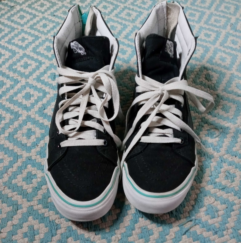 Vans Black high top with green back zipper,